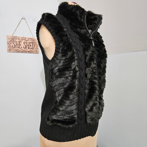 Roz & Ali Vest Black Faux Fur and Ribbed Knit Full Zip Sleeveless Jacket Large - Picture 4 of 16